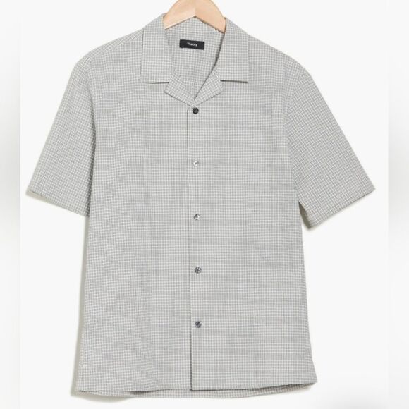 NWT Theory Men's Short Sleeve Button-Up Daze Camp Shirt Baltic/White Size L - Picture 4 of 16